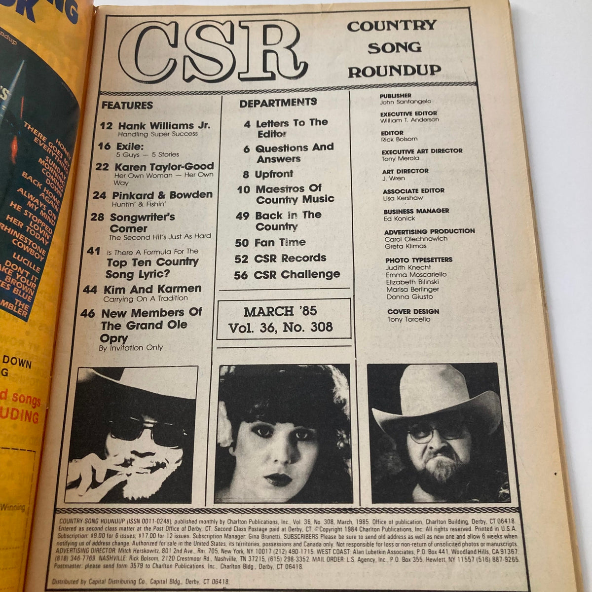 Interior page of Country Song Roundup March 1985, highlighting articles about Hank Williams Jr. and other artists, with detailed features and department listings.