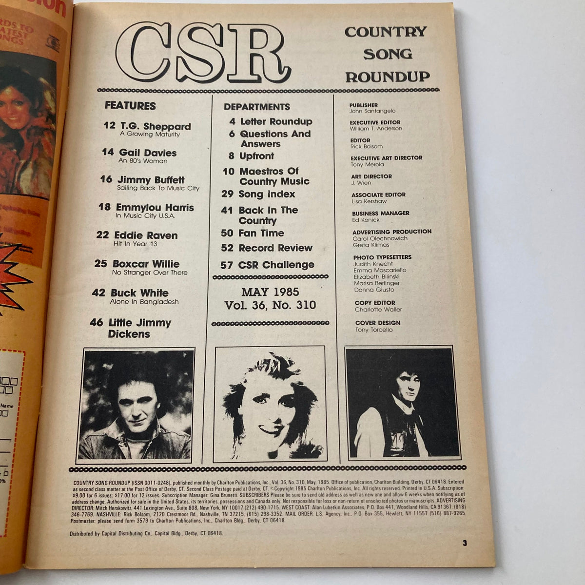 Inside page of the VTG Country Song Roundup Magazine May 1985, displaying the table of contents with features including articles on Emmylou Harris, Gail Davies, Jimmy Buffett, and other artists, reflecting the country music culture of the era.