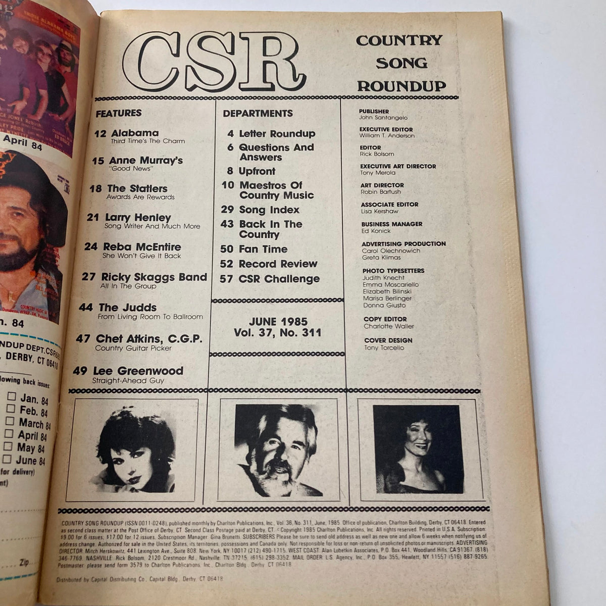 Vintage Country Song Roundup magazine page from June 1985 featuring Alabama and Larry Henley, showcasing articles, a table of contents, and notable country artists with photos including Chet Atkins and Lee Greenwood.