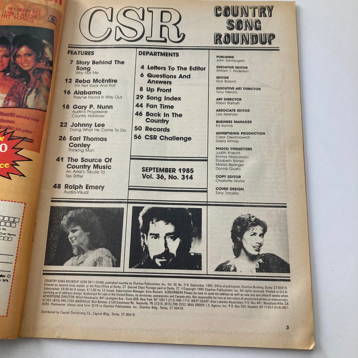 Inside page of the VTG Country Song Roundup Magazine, September 1985, showing the table of contents and notable features including interviews with Reba McEntire and Ralph Emery.