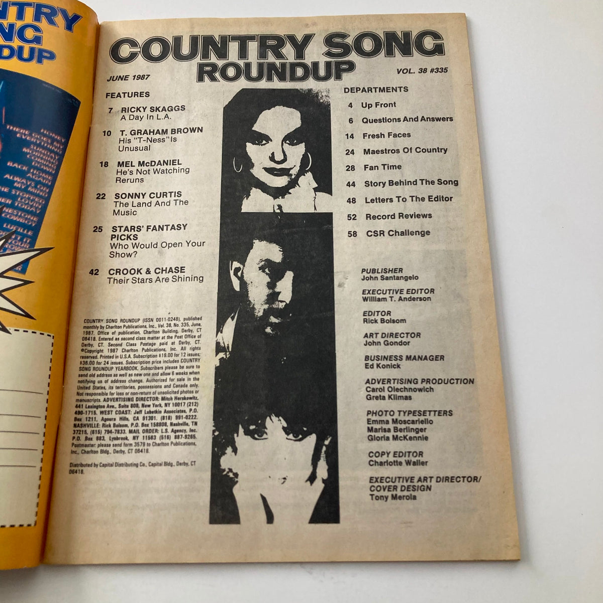 Inside page of VTG Country Song Roundup Magazine June 1987 listing features and departments including articles on Ricky Skaggs, T. Graham Brown, and Crook & Chase, encapsulating the essence of 1980s country music.