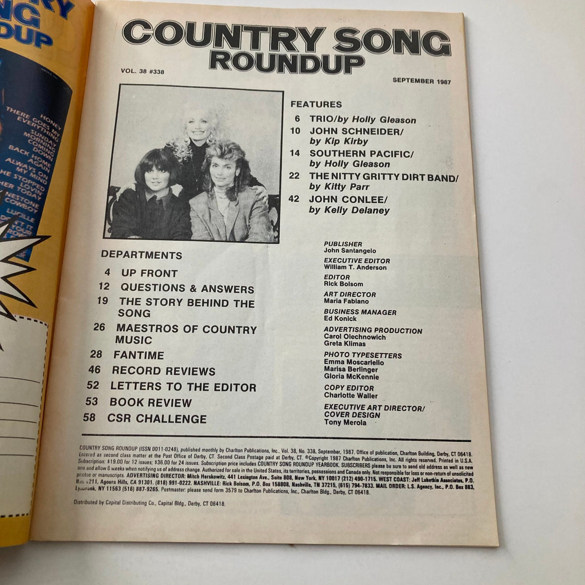 Inside page of the VTG Country Song Roundup Magazine from September 1987, showcasing features and content including articles on country music legends and insights into the genre.