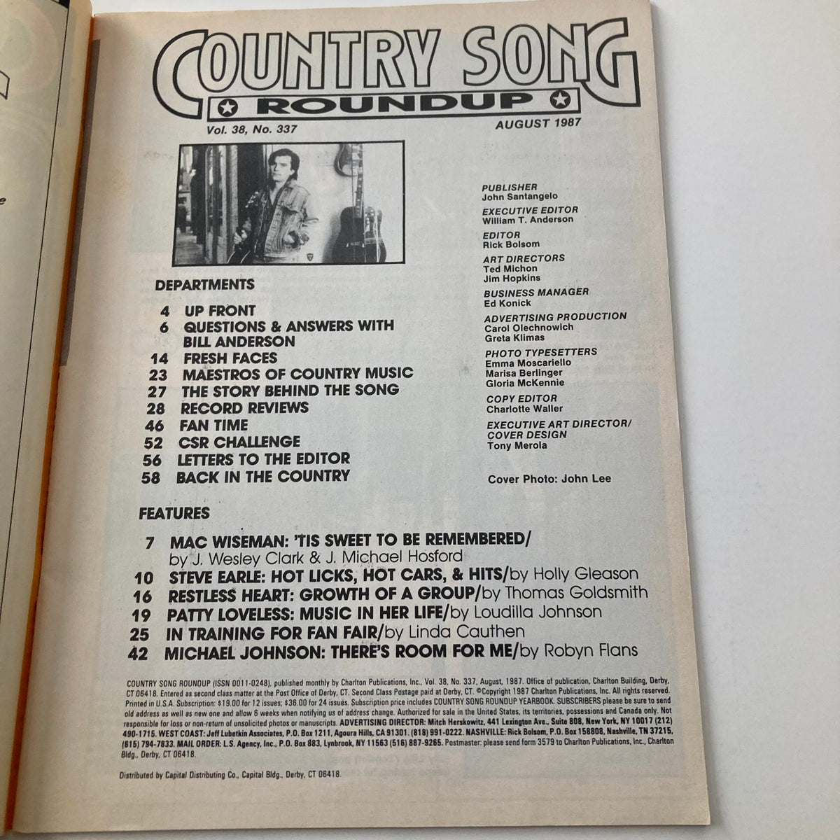Interior page of the VTG Country Song Roundup Magazine August 1987 displaying the contents including features on Mac Wiseman, Steve Earle, and Patty Loveless. This issue highlights key articles and interviews pertinent to country music history.
