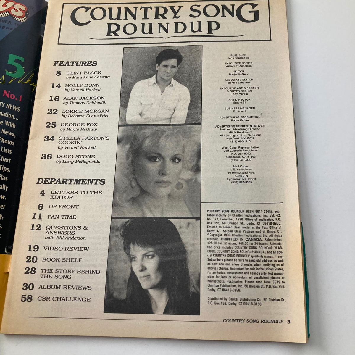 Contents page of VTG Country Song Roundup Magazine December 1990 featuring artists Clint Black, Lorrie Morgan, and more. Includes sections like Features and Departments.