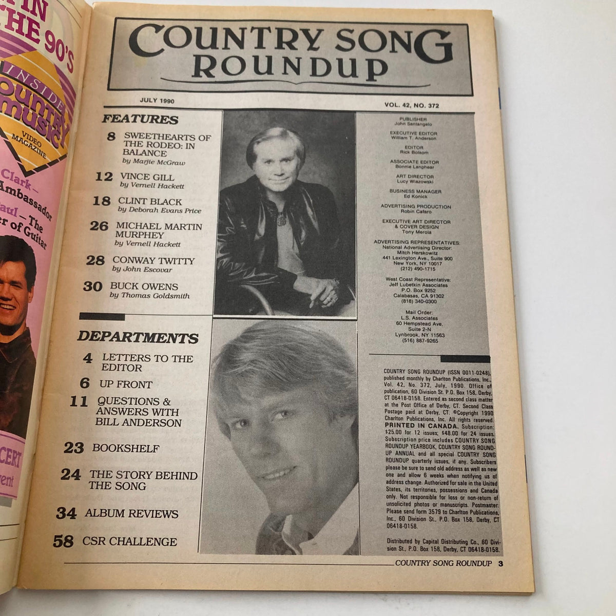Inside page of the VTG Country Song Roundup Magazine July 1990 showcasing features and articles, including interviews with Clint Black and Vince Gill.