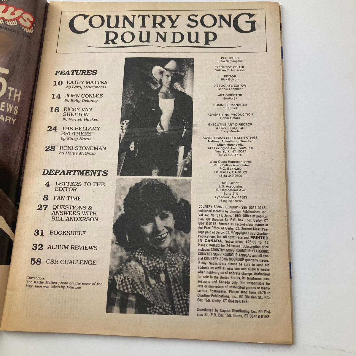 Vintage Country Song Roundup Magazine June 1990 Ricky Van Shelton & Kathy Mattea