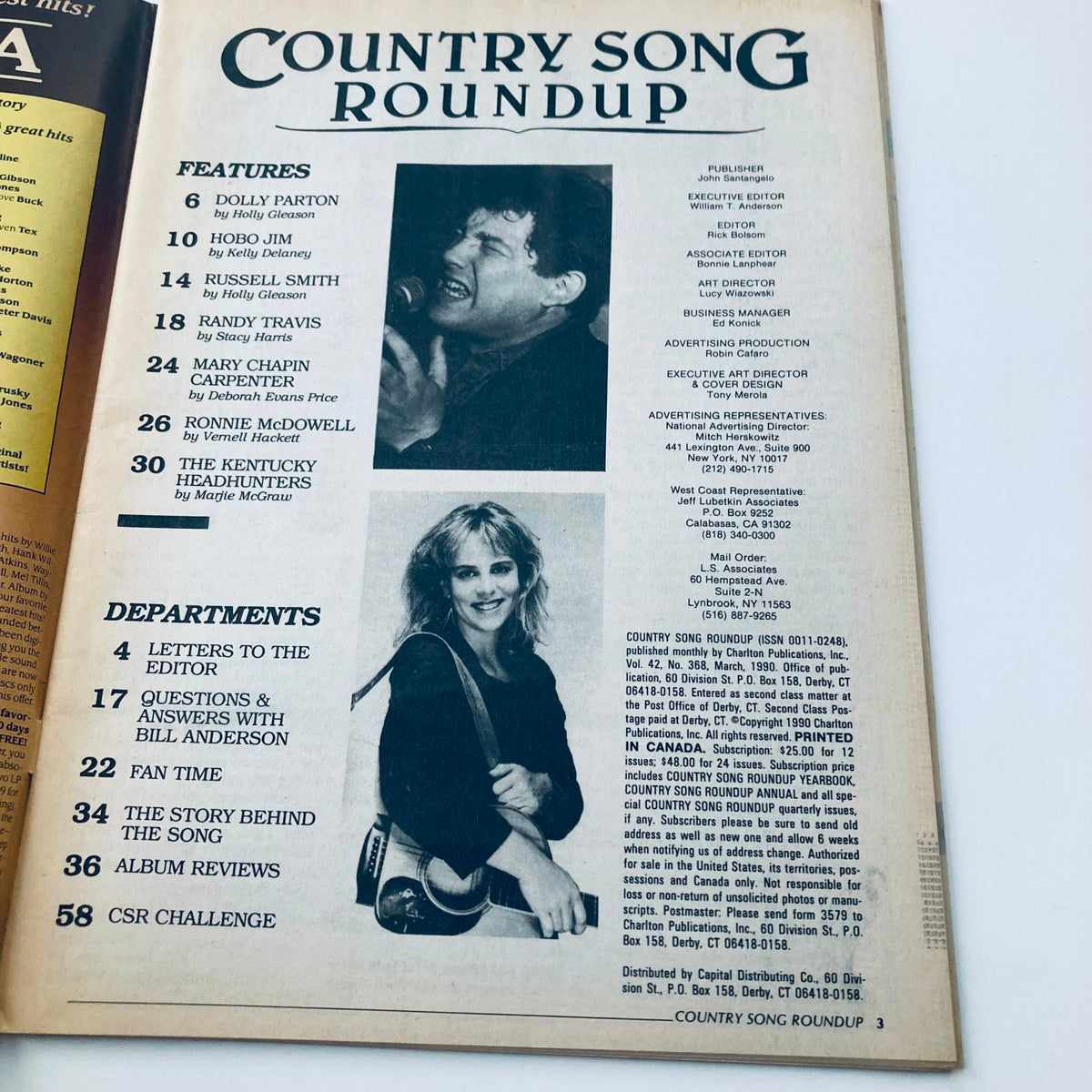 Interior page of the March 1990 Country Song Roundup Magazine, highlighting features and articles about country music artists including Dolly Parton, Ronnie McDowell, and other notable stars.