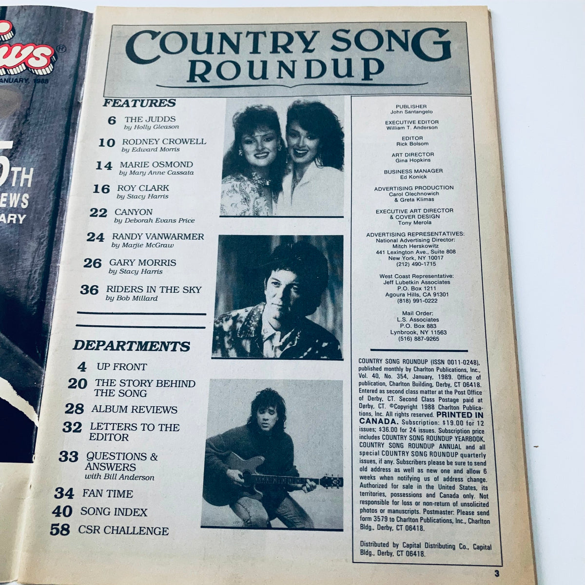 Inside page of the January 1989 Country Song Roundup magazine, highlighting features including The Judds, Rodney Crowell, and other country music artists, along with article listings and editorial credits.