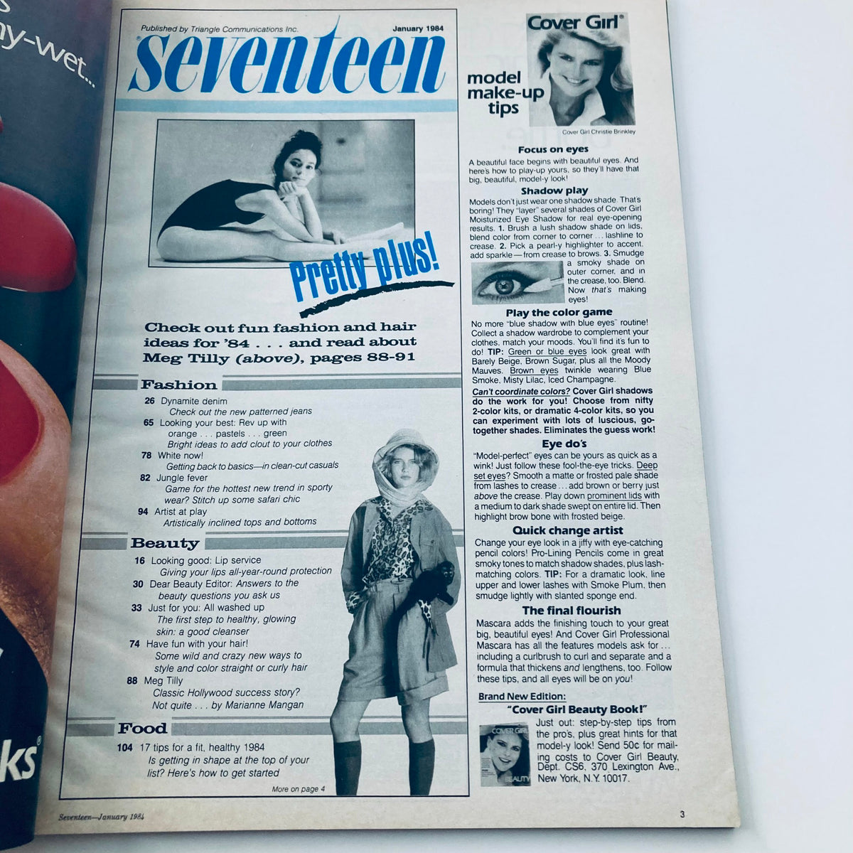 Inside page of VTG Seventeen Magazine January 1984 showcasing fashion and beauty tips, including features on Meg Tilly.