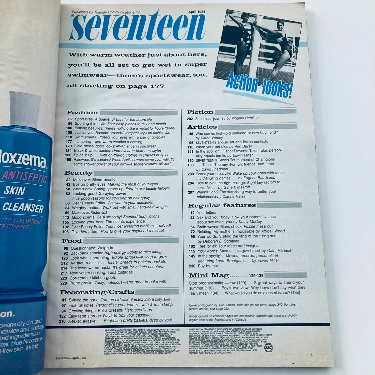 Inside page of VTG Seventeen Magazine April 1984 showing articles on fashion, beauty, and tennis, highlighting the magazine's content and nostalgic appeal.