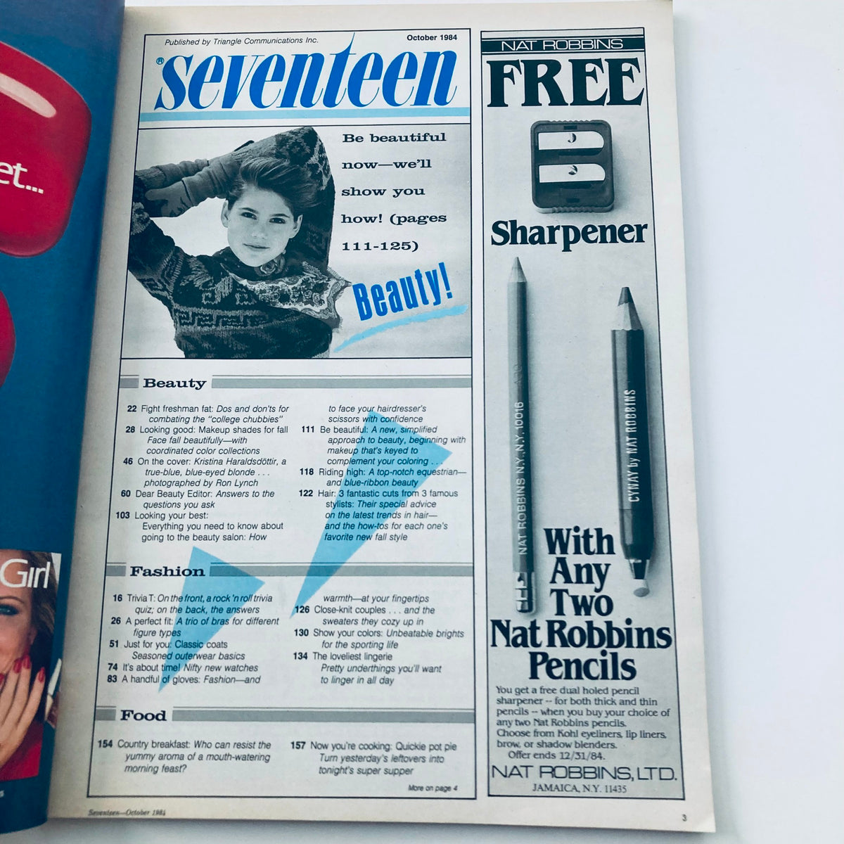 Interior page of VTG Seventeen Magazine October 1984 showcasing beauty tips and features alongside fashion advice, reflecting the vintage style of the era.