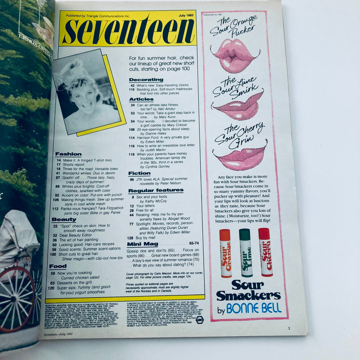 Inside page of VTG Seventeen Magazine July 1983 displaying the table of contents with sections on fashion, beauty, and articles including a feature on Harrison Ford.