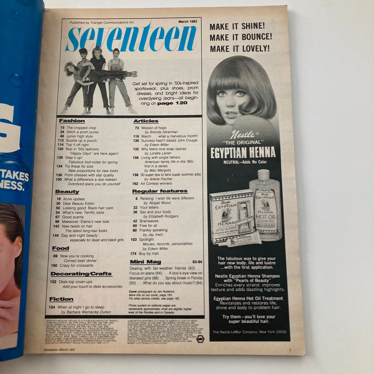 Inside page of Seventeen Magazine March 1983 displaying a table of contents highlighting fashion articles, beauty tips, and seasonal styles including a guide for overdyeing jeans.