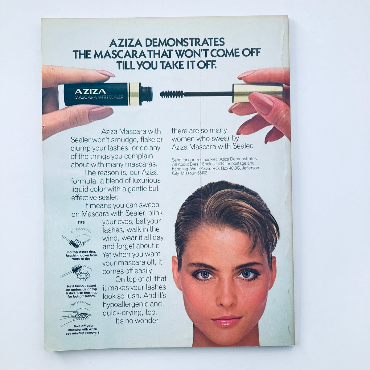 Ad for Aziza Mascara with Sealer from Seventeen Magazine March 1983, demonstrating the mascara's effectiveness and encouraging readers to try it for beautiful lashes.