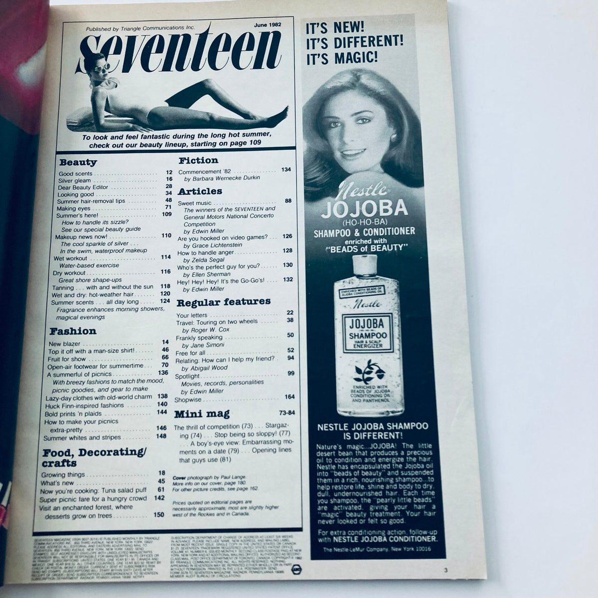 Interior page of VTG Seventeen Magazine June 1982 showcasing the magazine's table of contents with beauty and fashion articles.