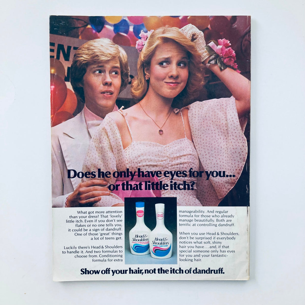 Back cover of Seventeen Magazine October 1981 highlighting a humorous advertisement about dandruff control with a couple at a party, related to teenage life.