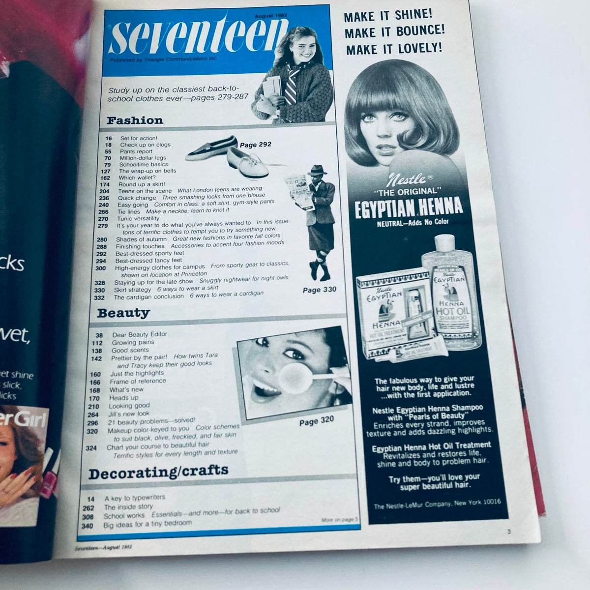 Interior page of Seventeen Magazine August 1982 featuring articles on fashion, beauty, and school essentials, showcasing 80s teenage culture.