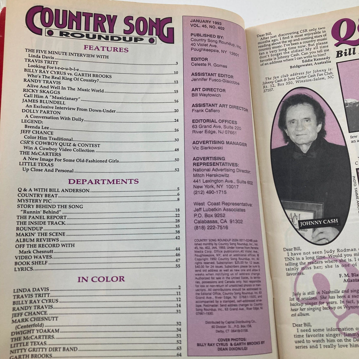 Table of contents of VTG Country Song Roundup Magazine January 1993, highlighting articles and features including interviews with country music artists.