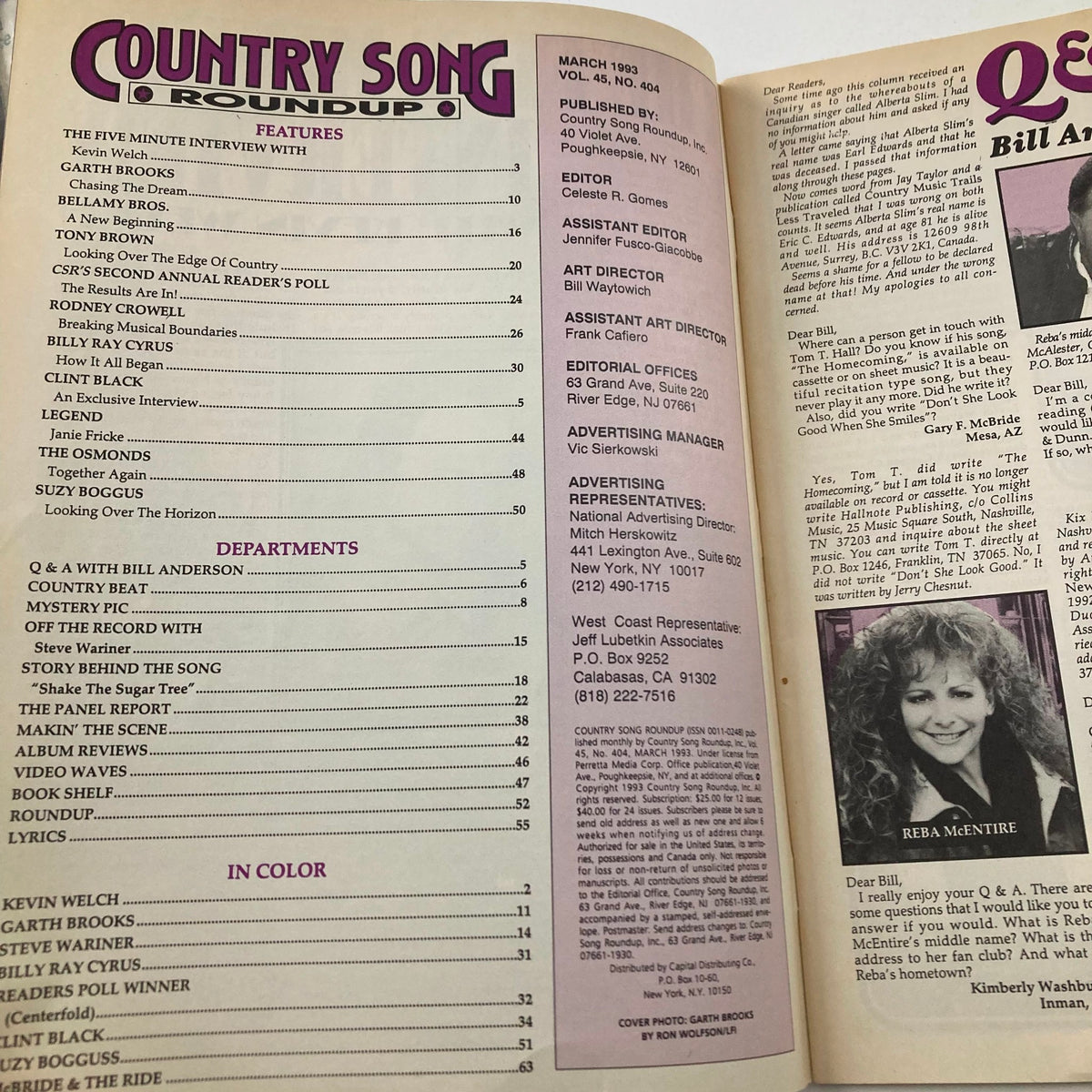 Interior page of the VTG Country Song Roundup Magazine March 1993 featuring the table of contents and notable country artists like Garth Brooks and Pam Tillis. This collectible magazine highlights features and interviews from the 90s country music scene.