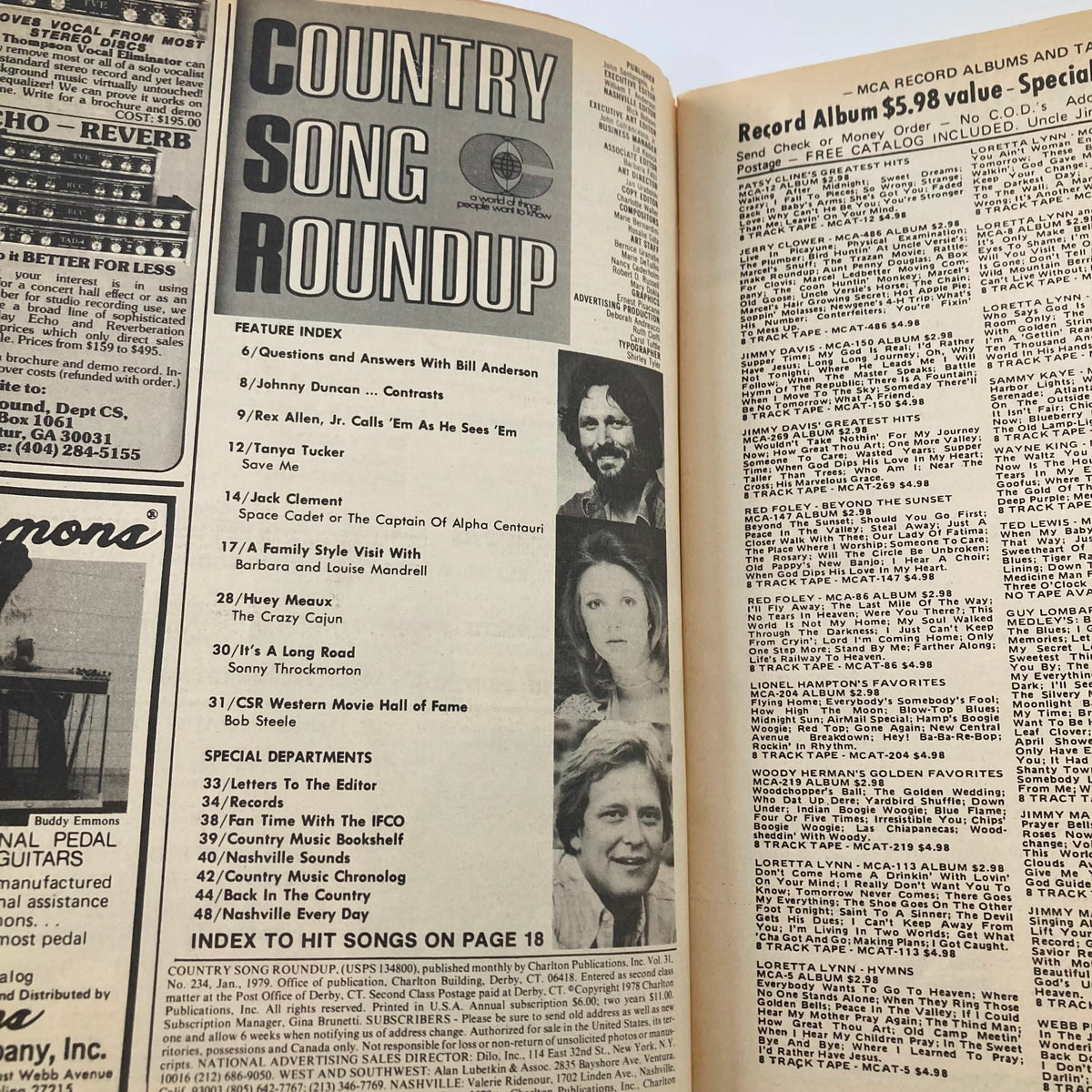 Inside page of the VTG Country Song Roundup Magazine January 1979, displaying the feature index with articles about country music artists including Tanya Tucker, Johnny Duncan, and Bill Anderson.