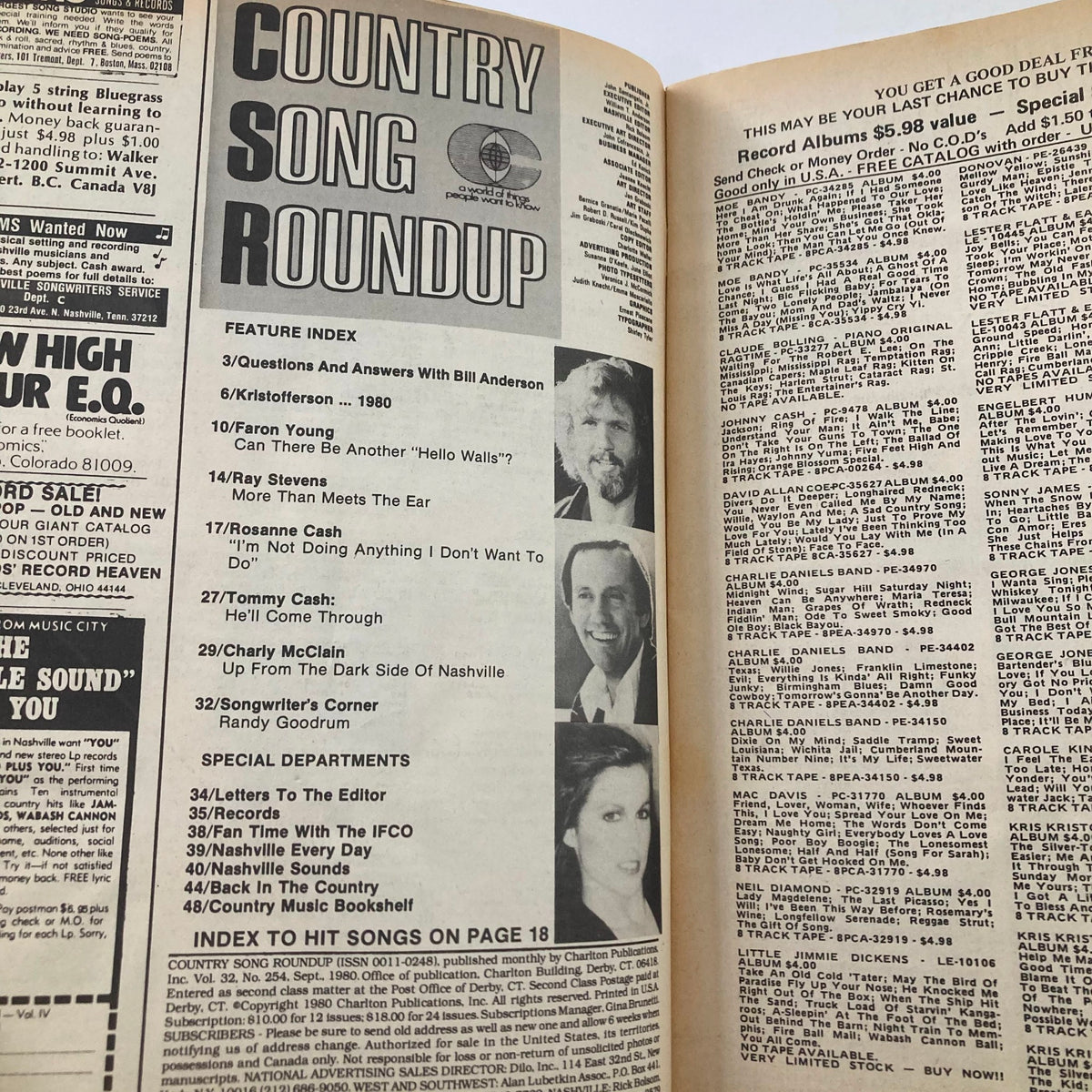 Interior page of the VTG Country Song Roundup Magazine September 1980 showcasing the feature index, including artists like Ray Stevens and Charly McLain.