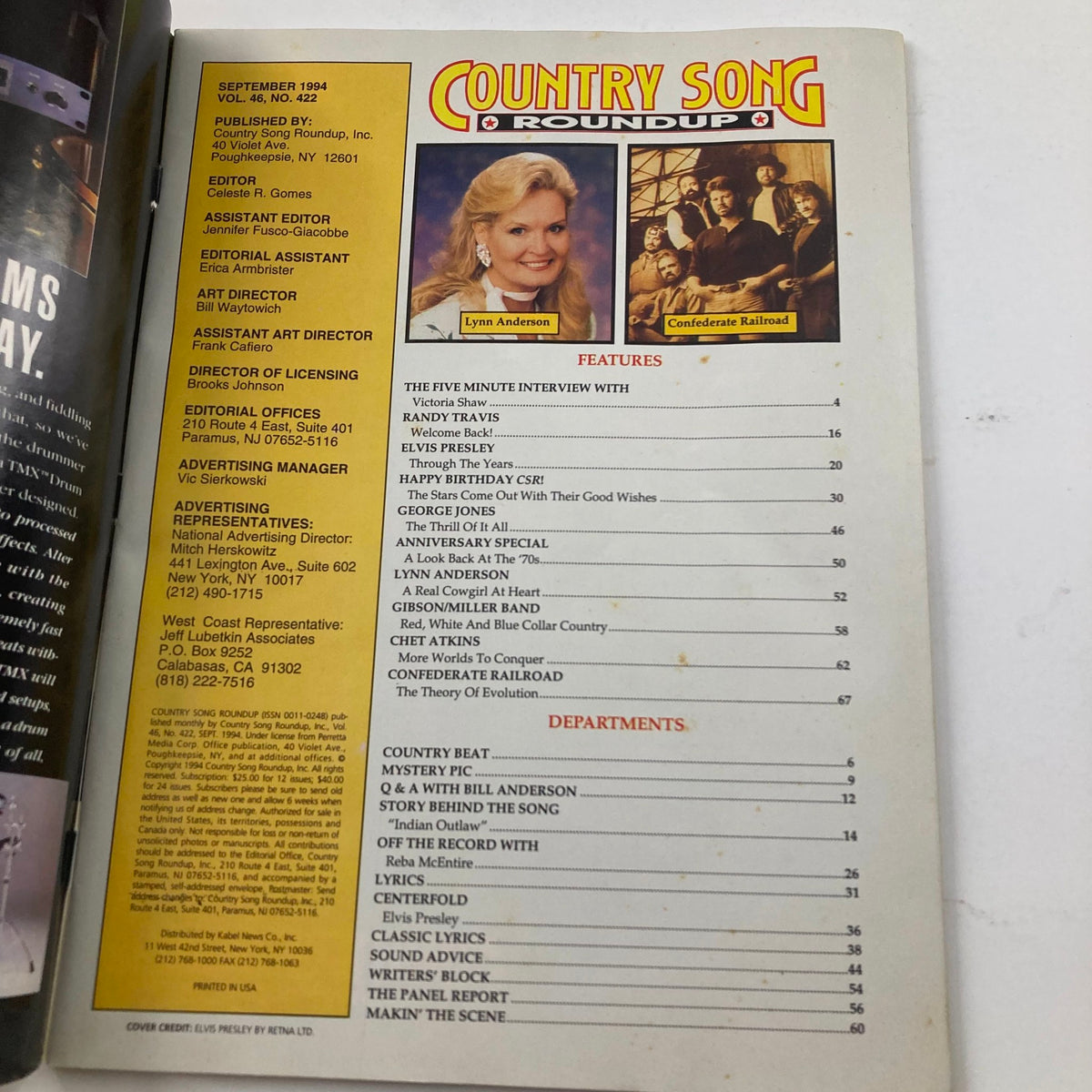 Inside page of Country Song Roundup Magazine September 1994, showcasing features including Lynn Anderson and Confederate Railroad. A look at country music's history and artists.