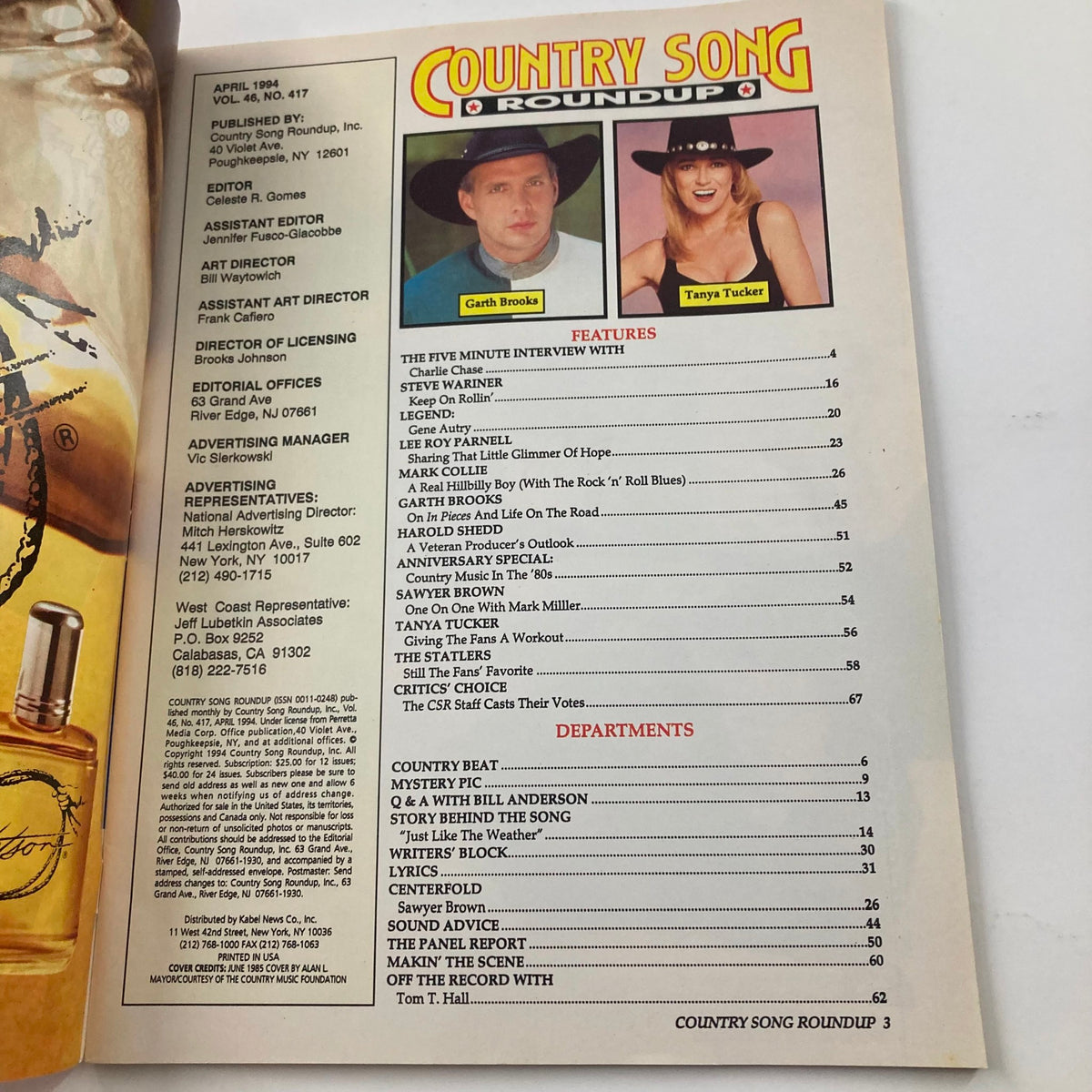 Interior page of Country Song Roundup Magazine April 1994, showcasing features on Garth Brooks and Tanya Tucker, along with the table of contents.