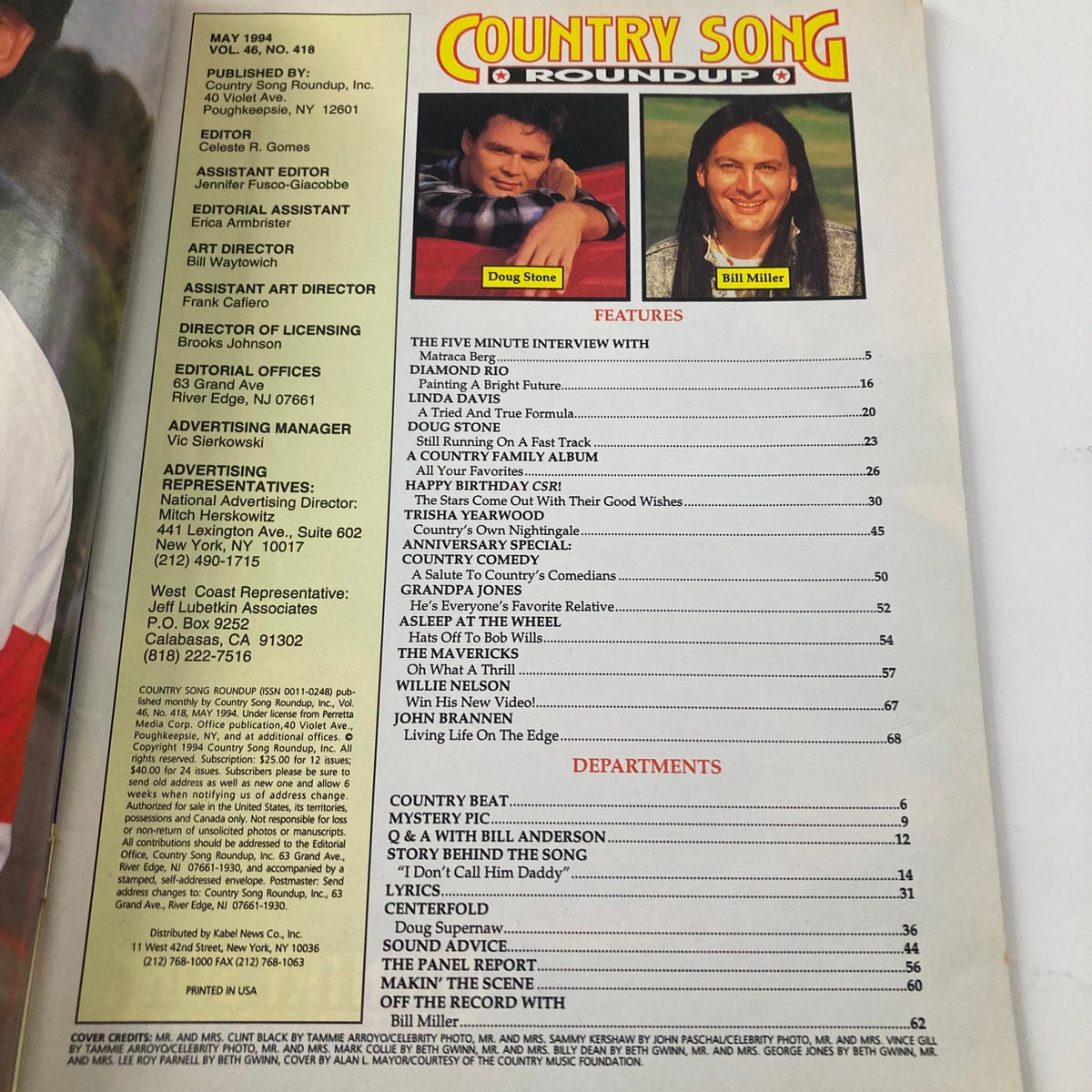 Interior page of Country Song Roundup Magazine May 1994, showcasing the magazine's content list including interviews with country artists like Doug Stone and Bill Miller, highlighting the magazine's features.