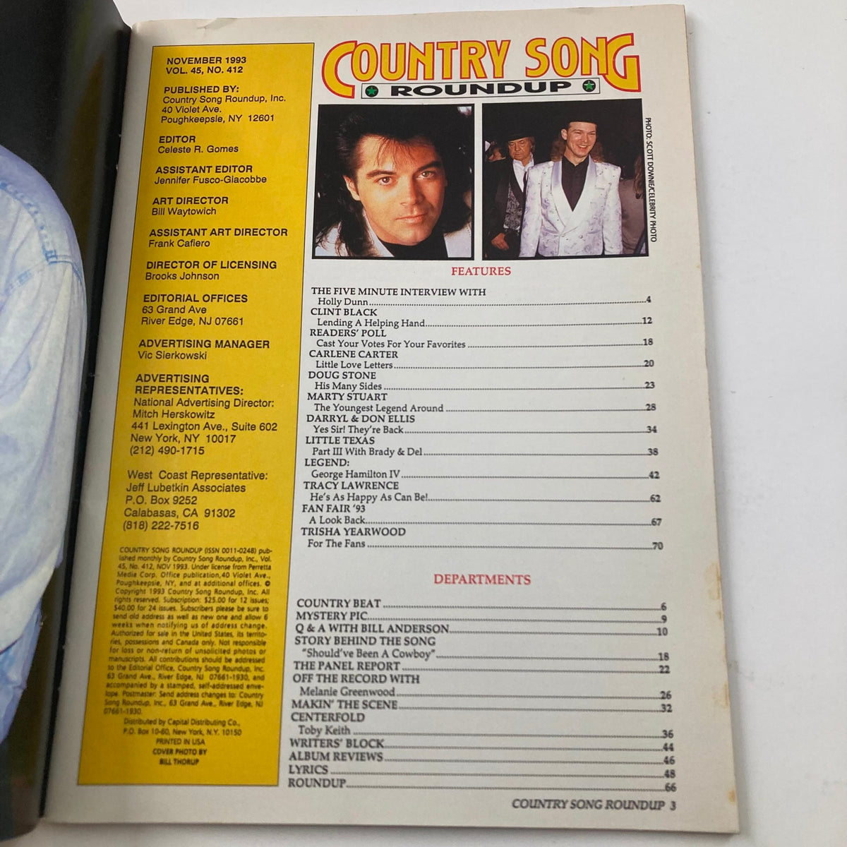 Inside page of Country Song Roundup Magazine November 1993 displaying the table of contents, highlighting features and interviews with notable artists like Holly Dunn and Marty Stuart.