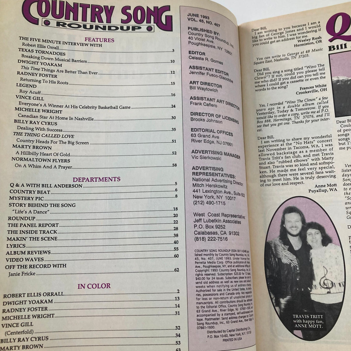 Inside view of the Country Song Roundup Magazine June 1993, featuring articles and features about Dwight Yoakam and other country artists.