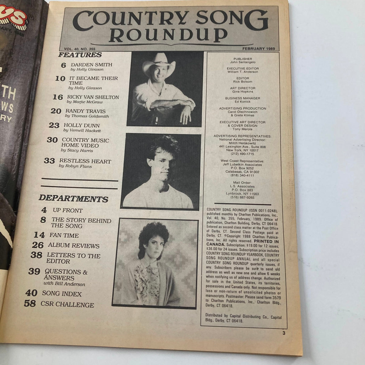 Interior page of Country Song Roundup Magazine February 1989 displaying features and articles including Randy Travis and Ricky Van Shelton.