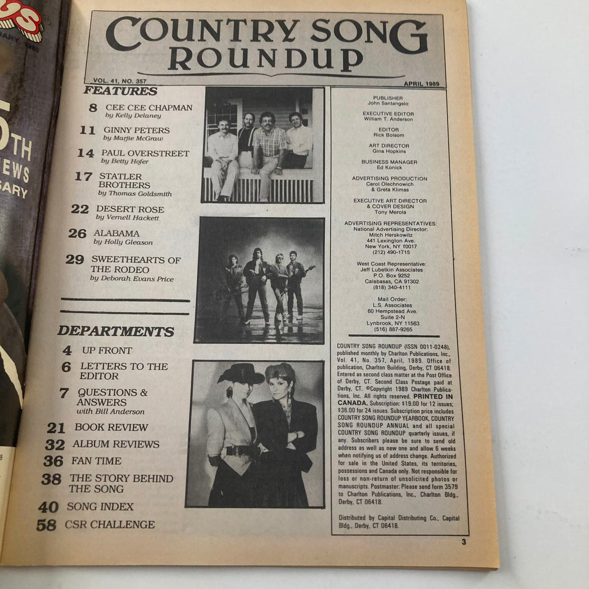 Inside page of VTG Country Song Roundup Magazine April 1989 displaying the contents list including features on Alabama and the Statler Brothers.