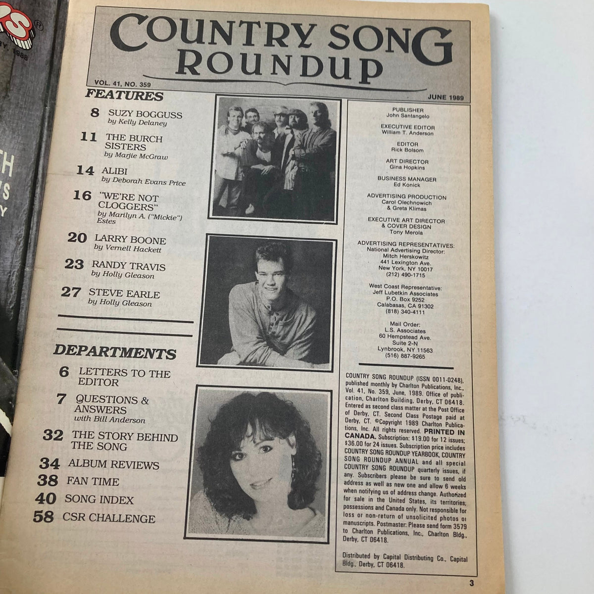 Inside page of VTG Country Song Roundup Magazine June 1989 listing features on country artists including Randy Travis and Steve Earle, showcasing the magazine's content.