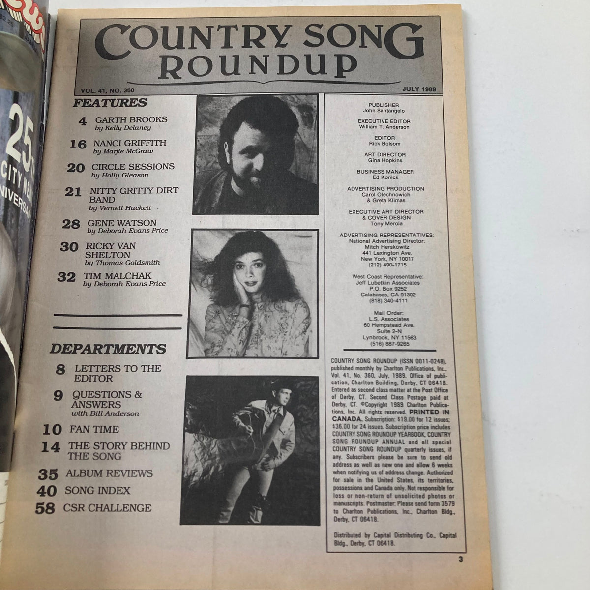 Interior page of Country Song Roundup Magazine from July 1989, highlighting features and articles on Garth Brooks, Nanci Griffith, and Gene Watson.