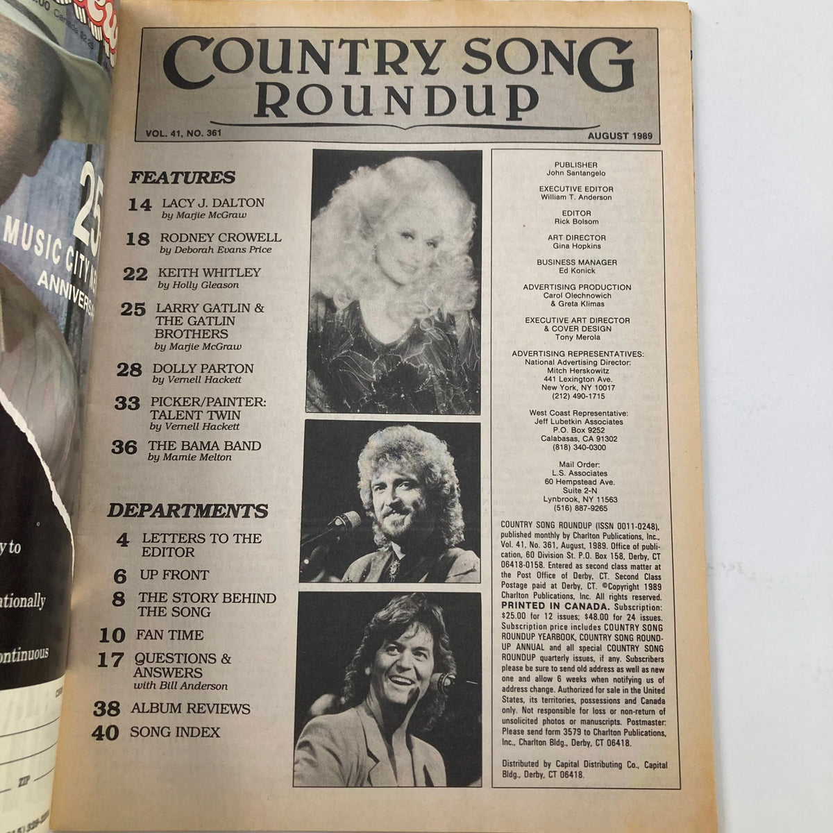 Interior page of the August 1989 Country Song Roundup Magazine showcasing features and articles, including highlights of Dolly Parton and Rodney Crowell, with black and white images of popular country music artists.