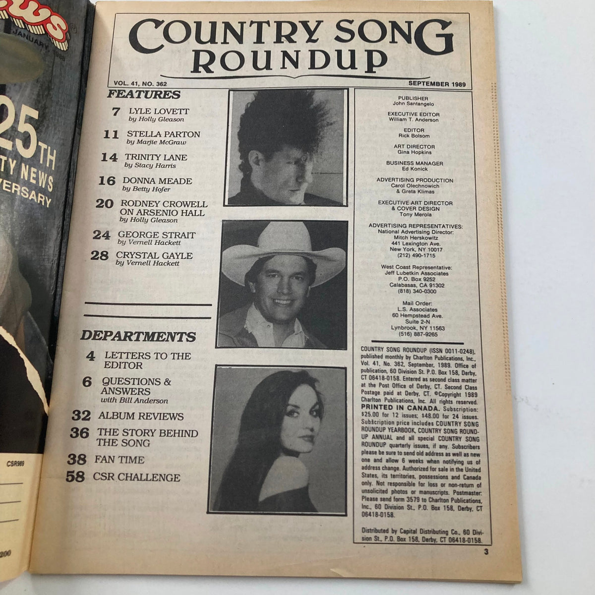 Inside page of VTG Country Song Roundup Magazine September 1989 showcasing features on Lyle Lovett, Stella Parton, and highlights from George Strait's article.