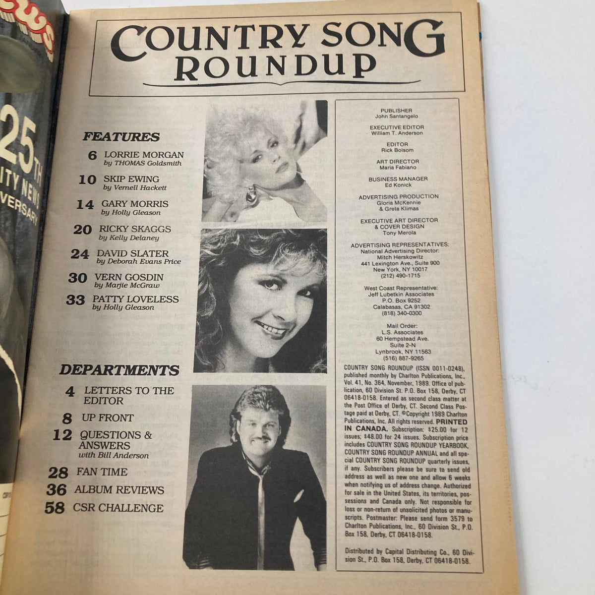 Interior page of Country Song Roundup Magazine November 1989 showcasing featured artists including Ricky Skaggs and Lorrie Morgan.