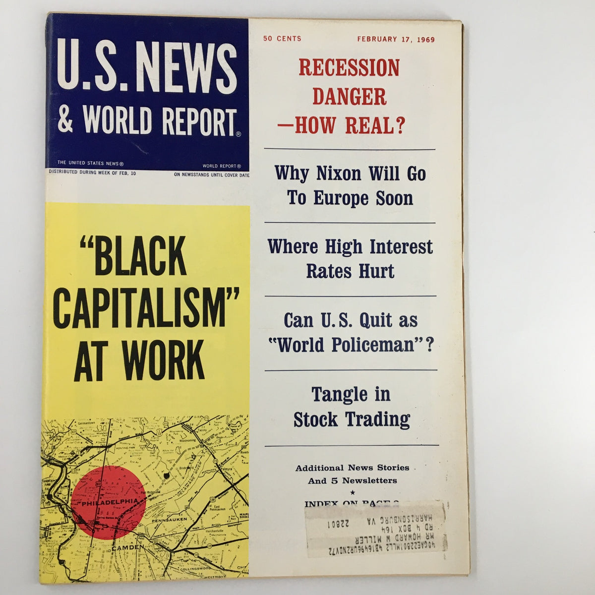 US News & World Report Magazine cover from February 17, 1969 featuring the title 'Black Capitalism at Work' along with headlines about recession and U.S. foreign policy.
