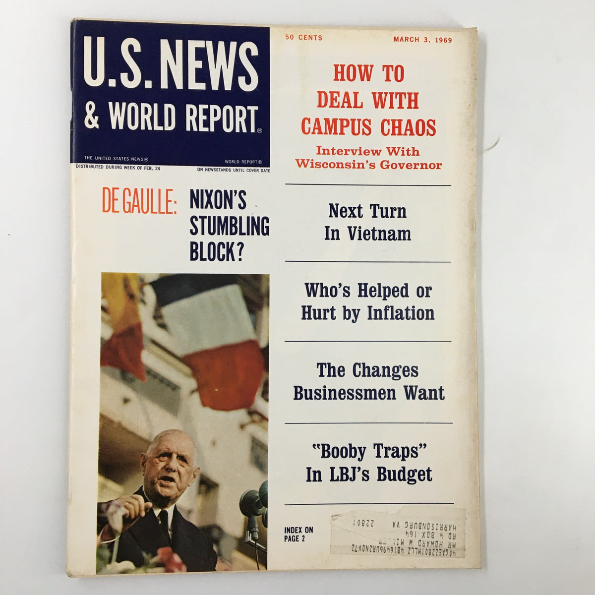 Cover of US News & World Report Magazine dated March 3, 1969, featuring the headline 'How to Deal with Campus Chaos' along with an interview with Wisconsin's Governor, and articles on various topics including Vietnam, inflation, and LBJ's budget.