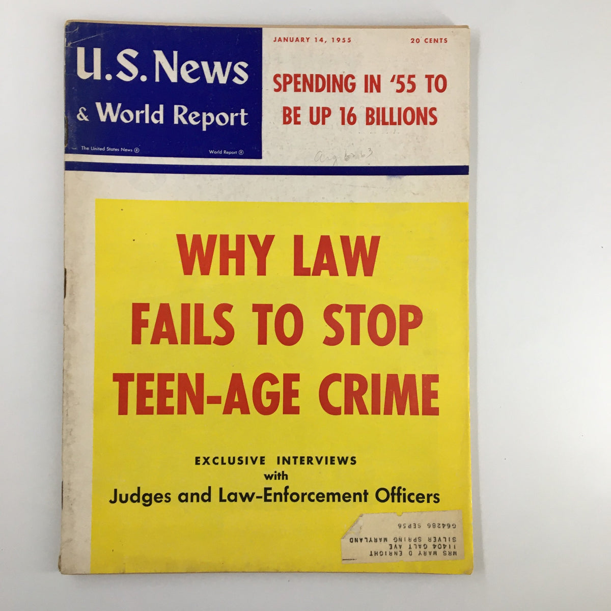 Cover of US News & World Report Magazine dated January 14, 1955, featuring the headline 'Why Law Fails To Stop Teen-Age Crime' and highlighting exclusive interviews with judges and law-enforcement officers.
