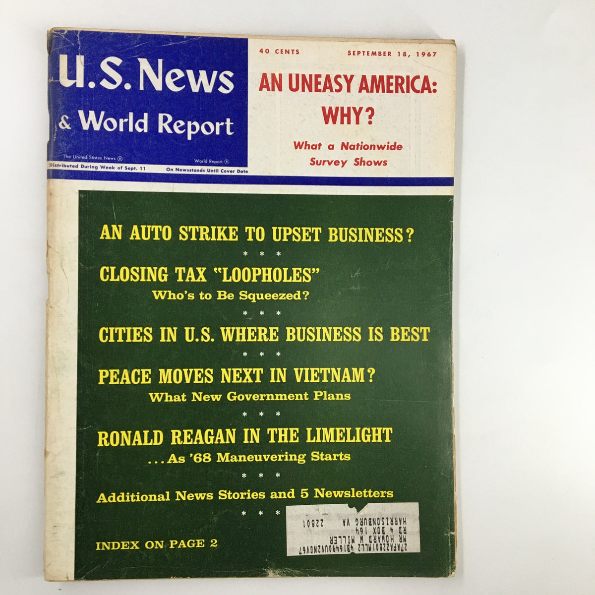 US News & World Report Magazine September 18 1967 cover featuring headlines about the auto strike impacting business, tax loopholes, Vietnam peace efforts, and Ronald Reagan, offering a glimpse into the historical context of late 1960s America.