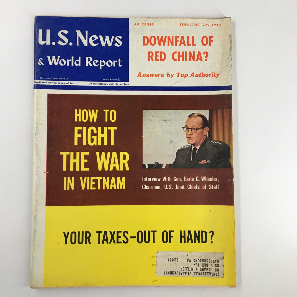Cover of US News & World Report Magazine dated February 27, 1967, featuring an interview with Gen. Earle G. Wheeler and articles on military strategy during the Vietnam War.
