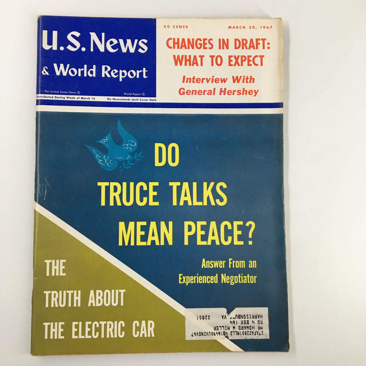 Cover of US News & World Report Magazine March 20, 1967, featuring a headline on changes in the draft, an interview with General Hershey, and discussion on truce talks and the electric car.