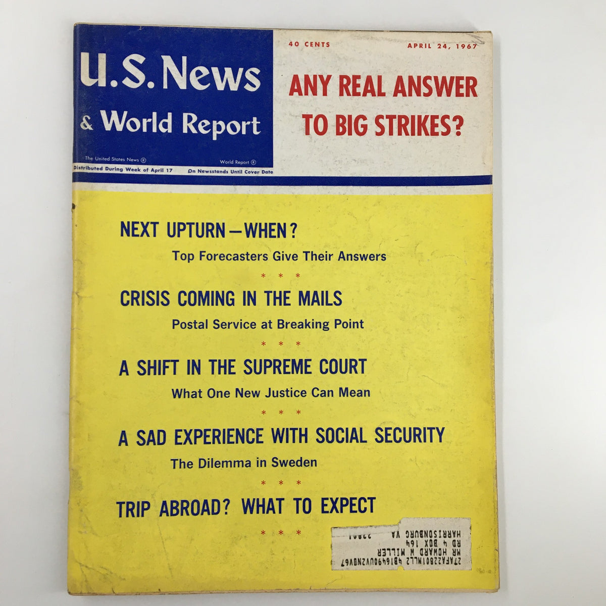Cover of the US News & World Report Magazine, April 24, 1967, featuring the headline 'Any Real Answer To Big Strikes?' with a bright yellow background and various article teasers.