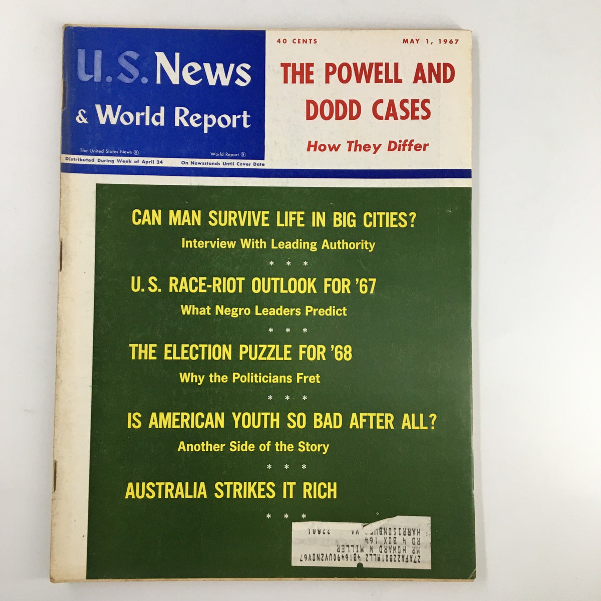 Cover of US News & World Report Magazine May 1, 1967 featuring the Powell and Dodd cases with headlines on urban survival, race riots, elections, youth issues, and Australia's riches.