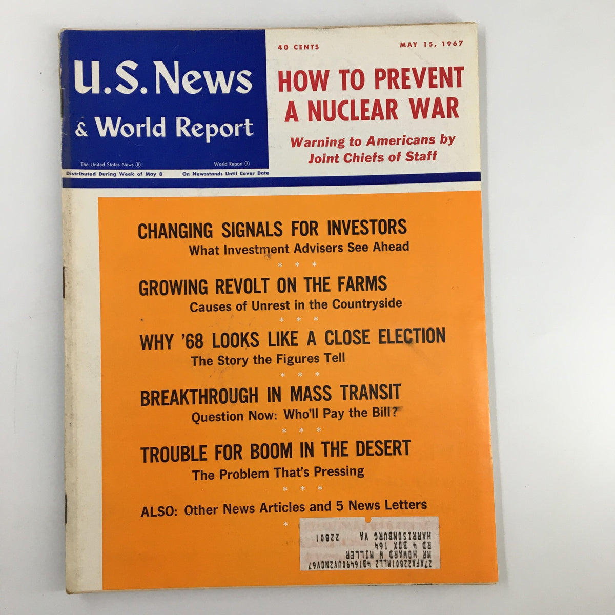 US News & World Report Magazine May 15 1967 cover featuring articles on preventing nuclear war and various social issues, including investor signals, rural unrest, and transportation breakthroughs.