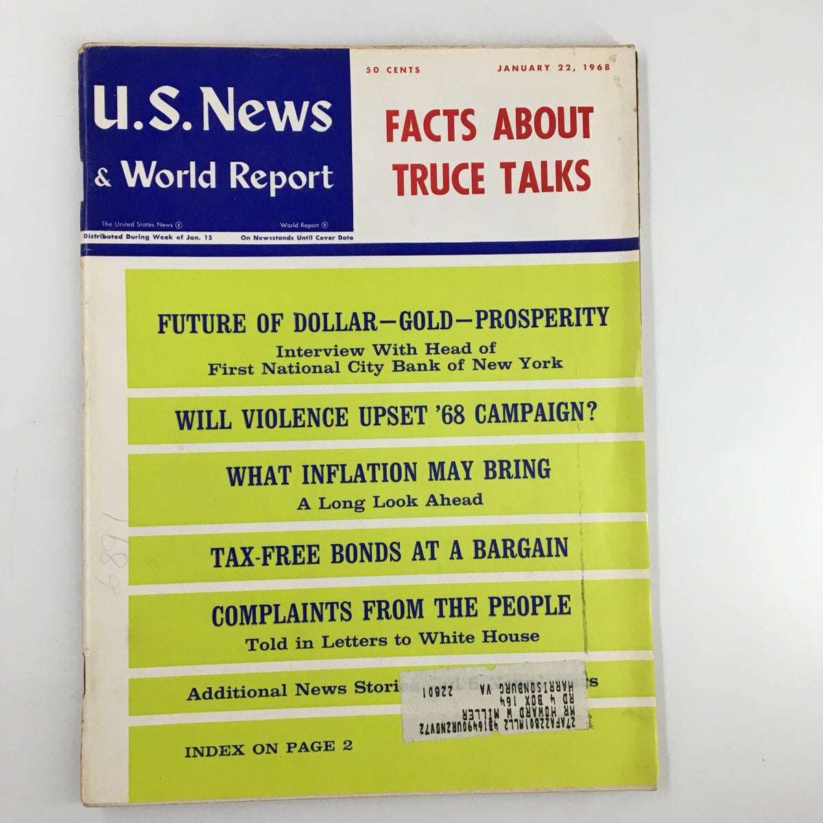 Cover of US News & World Report Magazine January 22, 1968 featuring articles on the future of dollar, gold, and prosperity, with notable headlines about economic issues of the late 1960s.