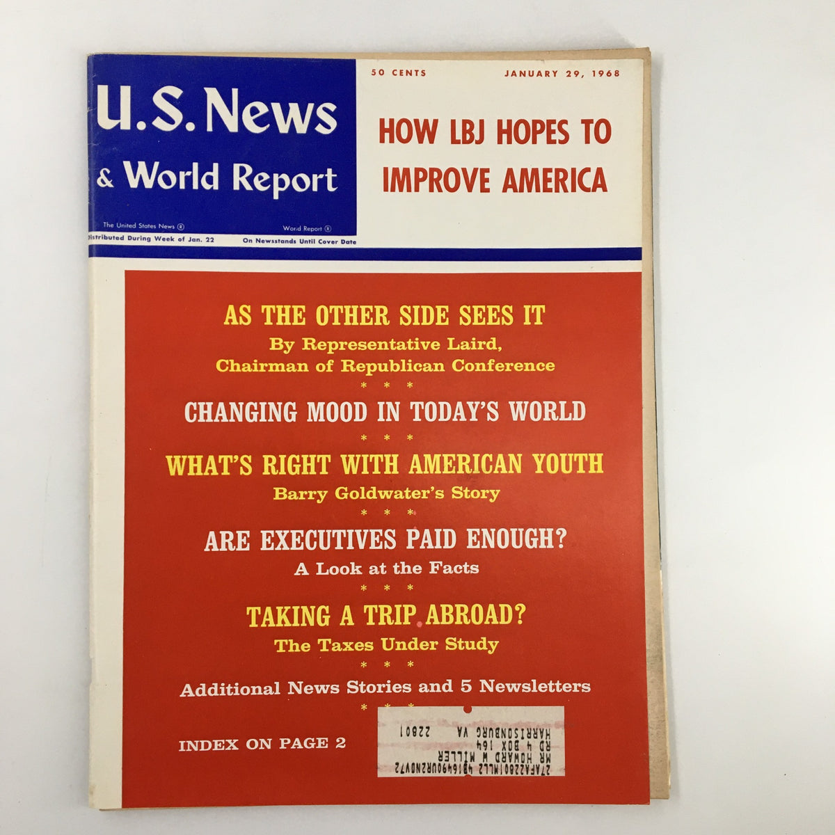 Cover of the US News & World Report Magazine dated January 29, 1968, featuring the headline 'HOW LBJ HOPES TO IMPROVE AMERICA'. The cover includes key topics such as political perspectives and societal issues of the era.