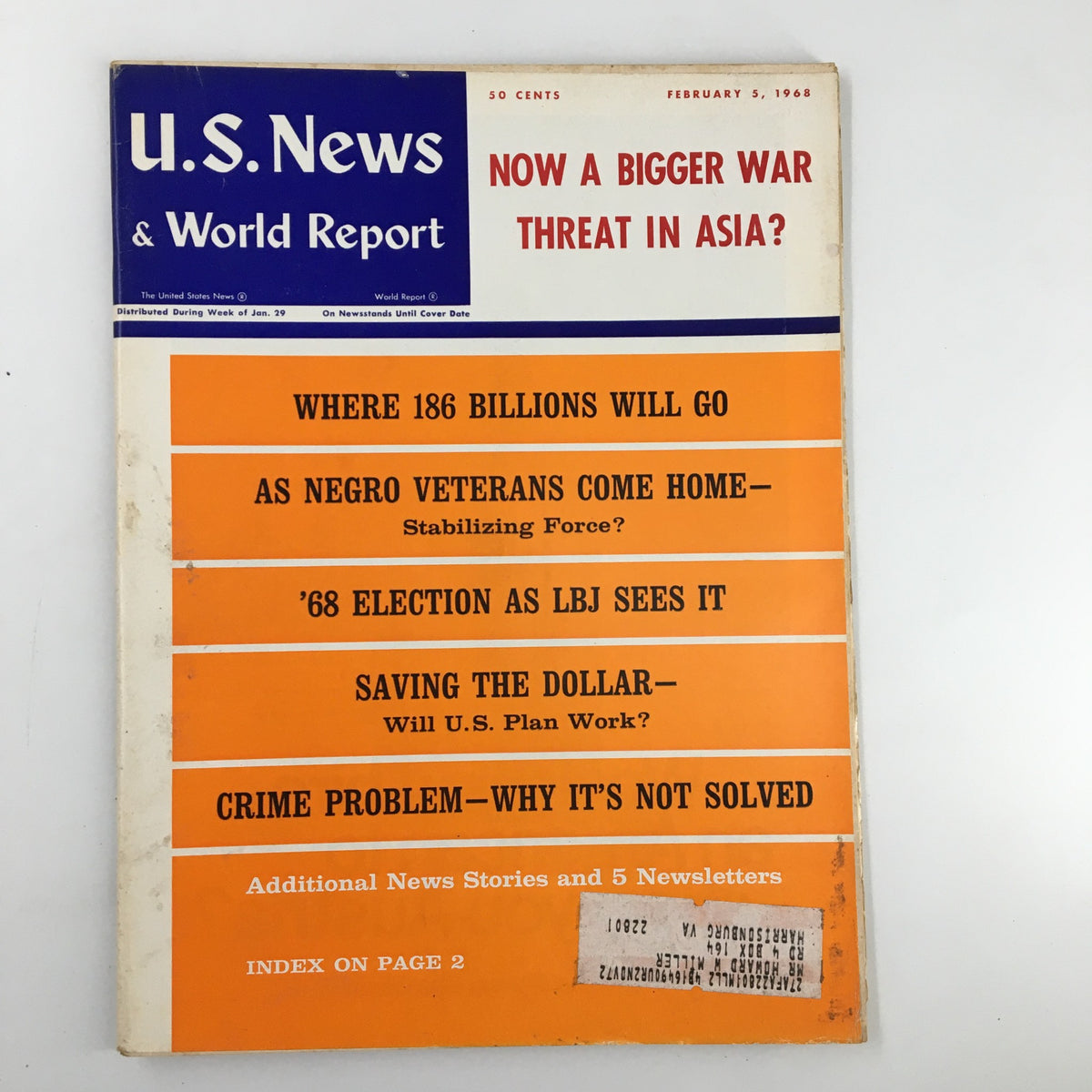 Cover of US News & World Report Magazine dated February 5, 1968, featuring the title 'Now A Bigger War Threat in Asia?' with articles highlighted on the side including issues on spending, veterans, and the economy.