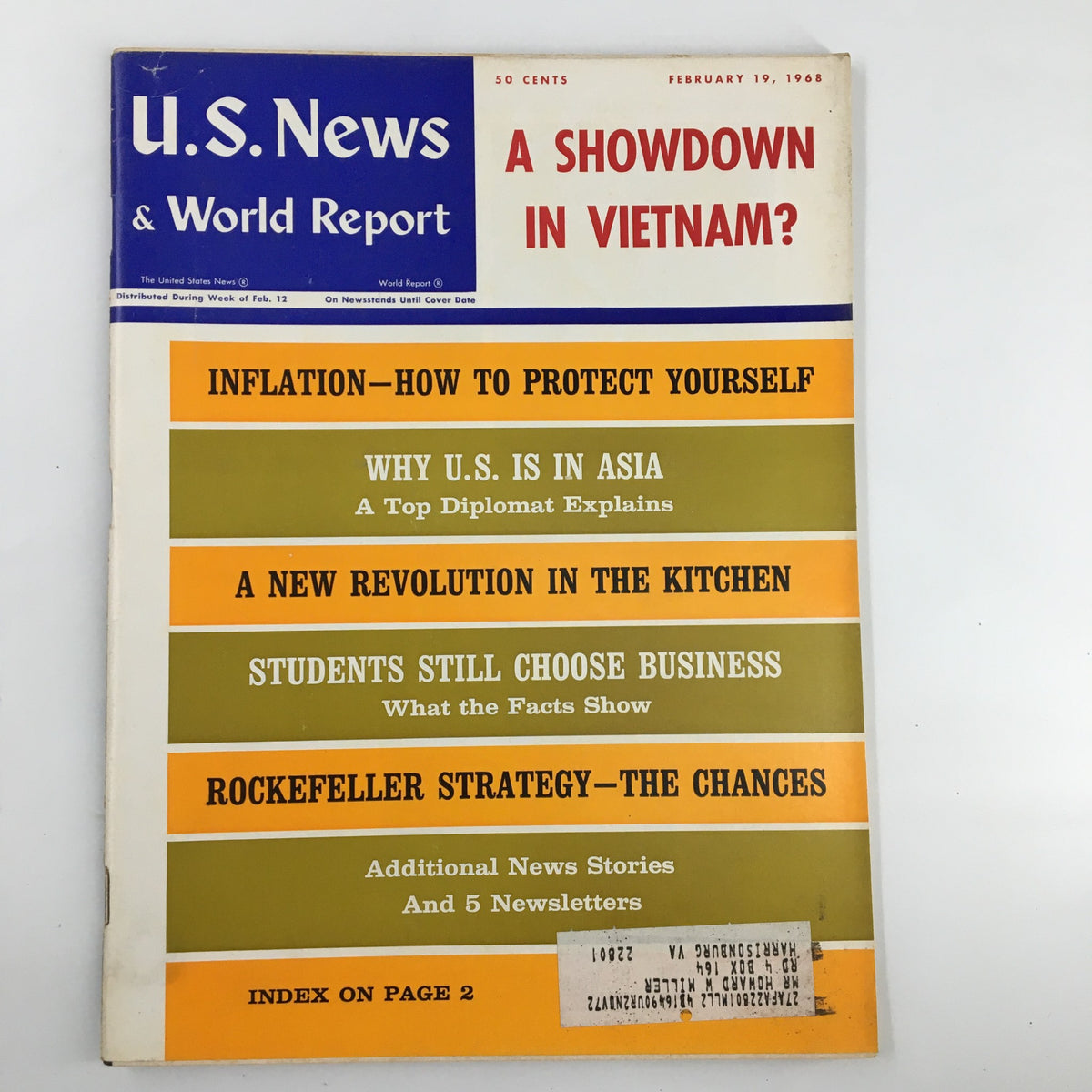 Cover of US News & World Report Magazine dated February 19, 1968, featuring the title 'A New Revolution in the Kitchen.' The cover shows various headlines including 'Inflation—How to Protect Yourself' and 'A Showdown in Vietnam?' with a colorful design representing the magazine's vintage aesthetic.